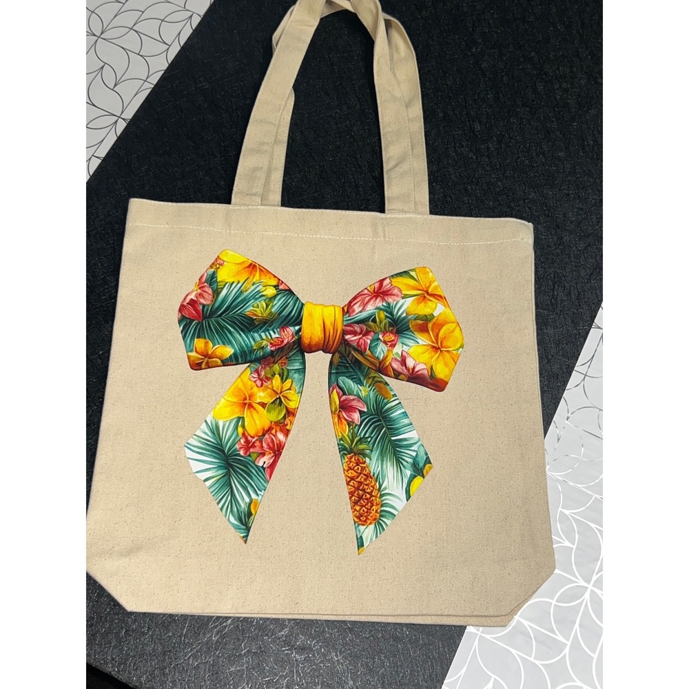Tropical Bow Canvas Tote Beige Floral Pineapple Florida Bingo Dance Bag
